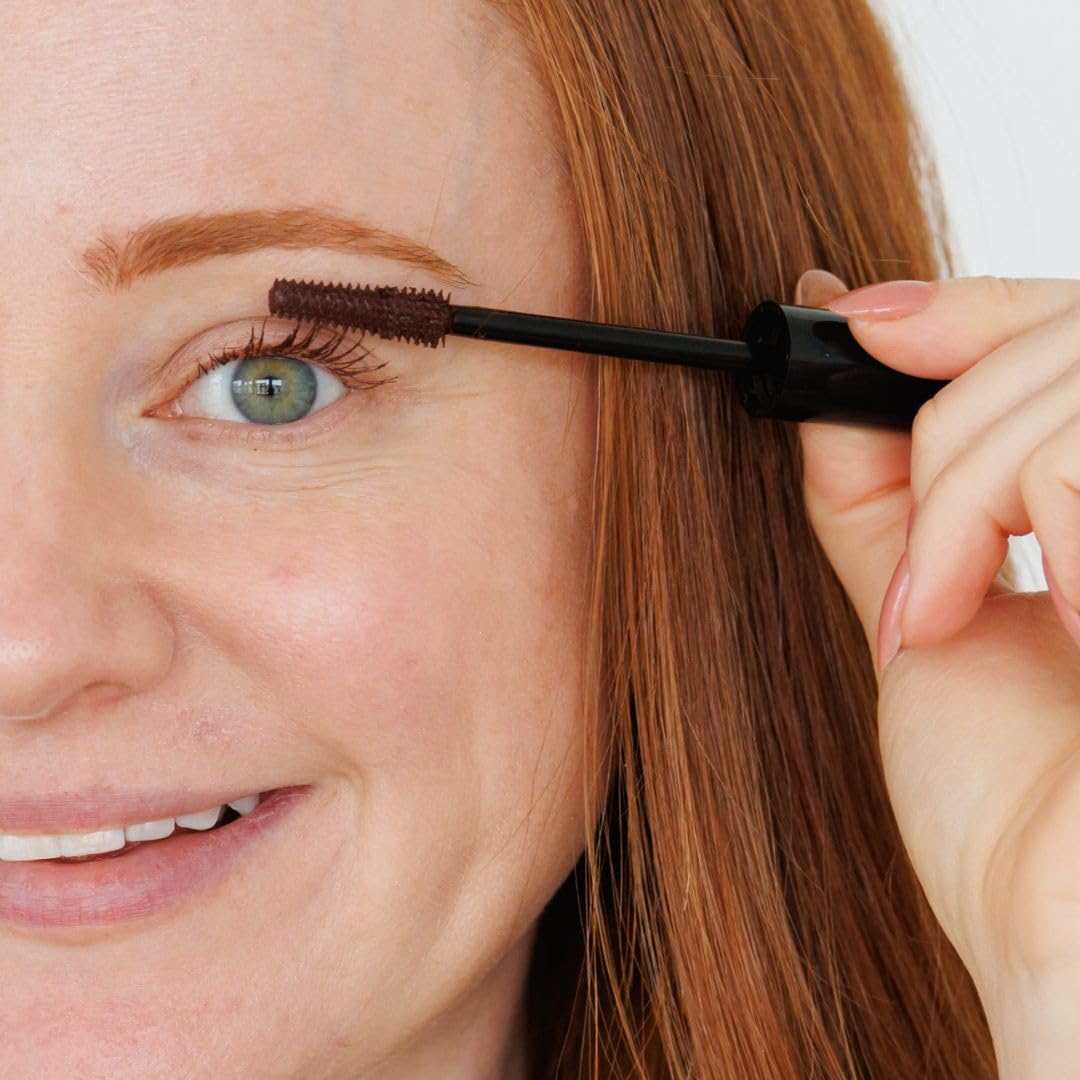 How to Be A Redhead Lashes Enhancing Mascara swatch brown shade with rouge undertone.