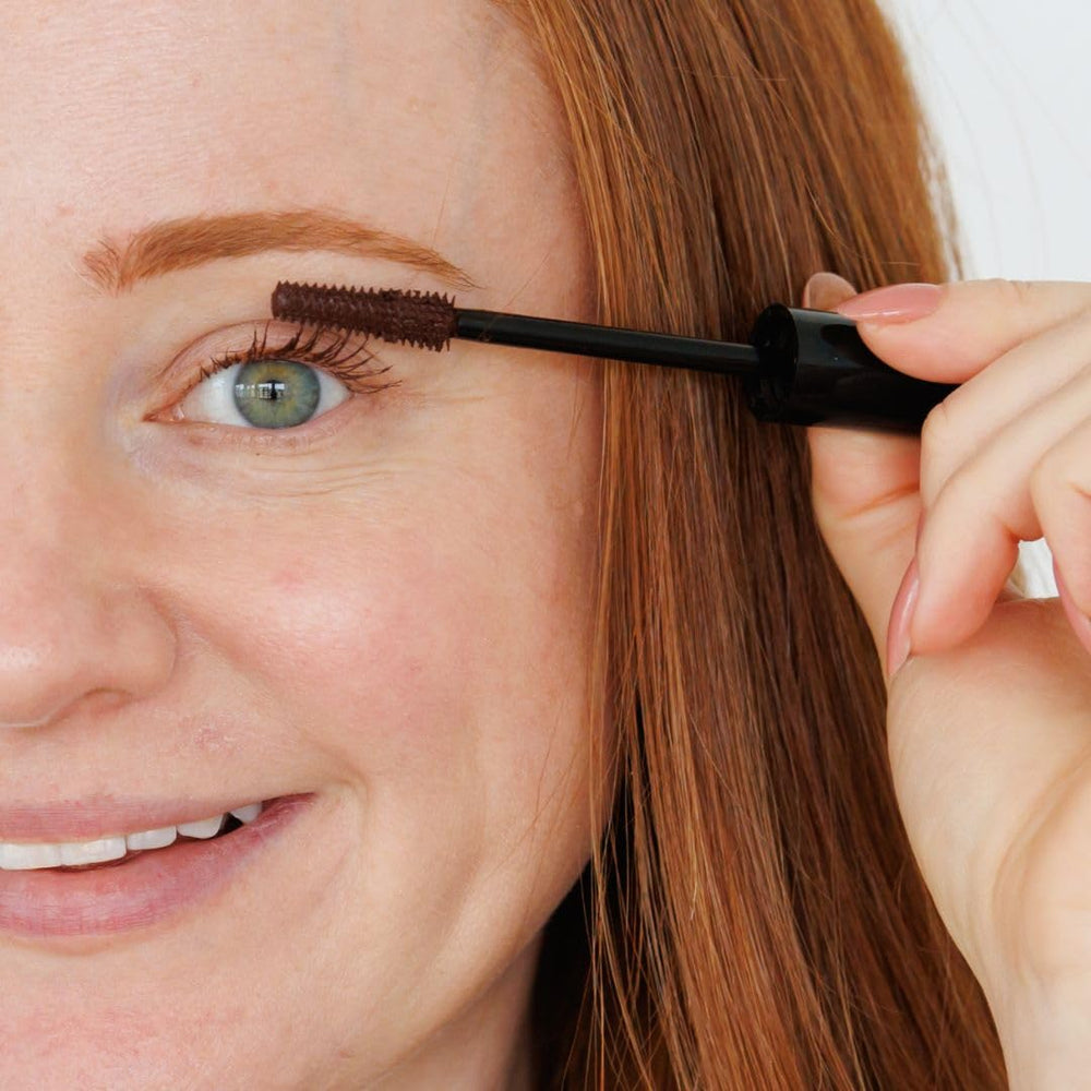 How to Be A Redhead Lashes Enhancing Mascara swatch brown shade with rouge undertone.