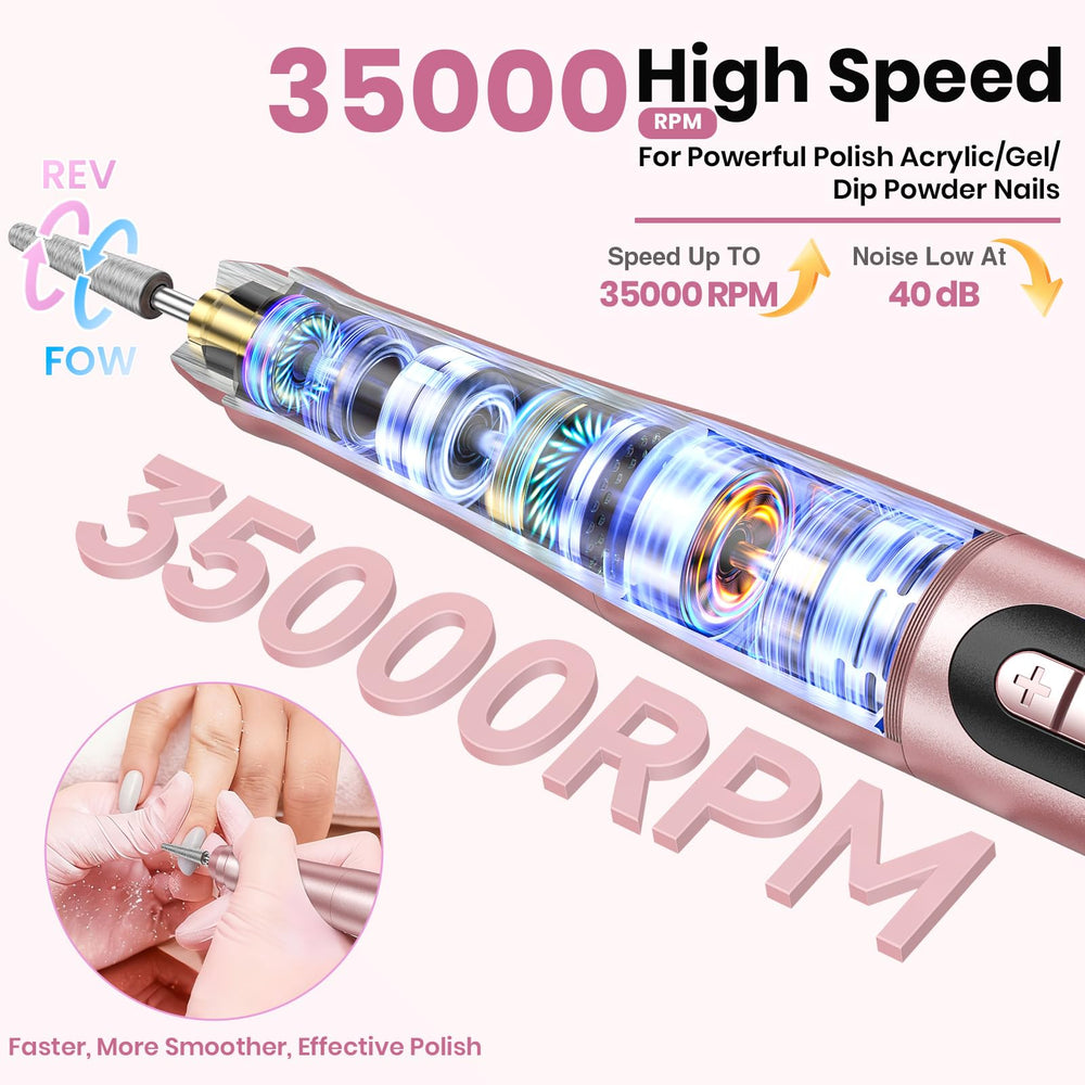Hoxida cordless nail drill displaying 35,000 RPM speed control.