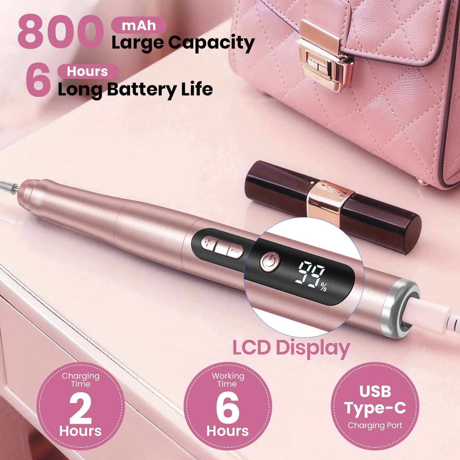 Hoxida cordless nail drill charging via USB-C for quick power top-up.