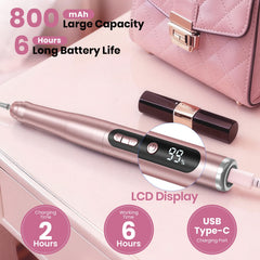 Hoxida cordless nail drill charging via USB-C for quick power top-up.
