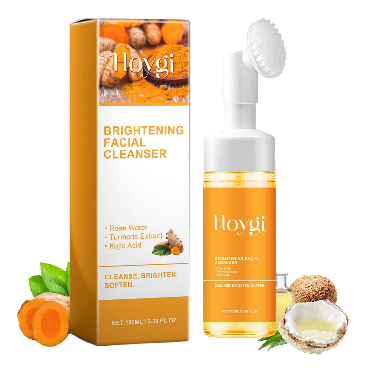 HOYGI Turmeric Face Wash with Brush bottle nourishes skin through gentle daily cleansing.