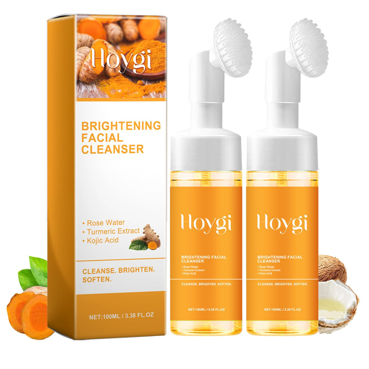 HOYGI turmeric face wash with brush included for gentle, thorough cleansing.