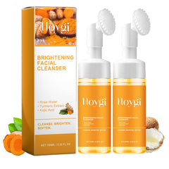 HOYGI turmeric face wash with brush included for gentle, thorough cleansing.