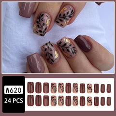 HPYFOI brown nails with gold foil and leaf design for chic autumn style