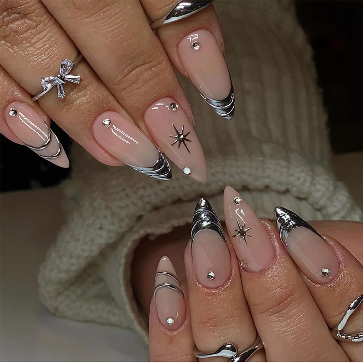 HPYFOI silver press-on nails glossy finish adds chic shine