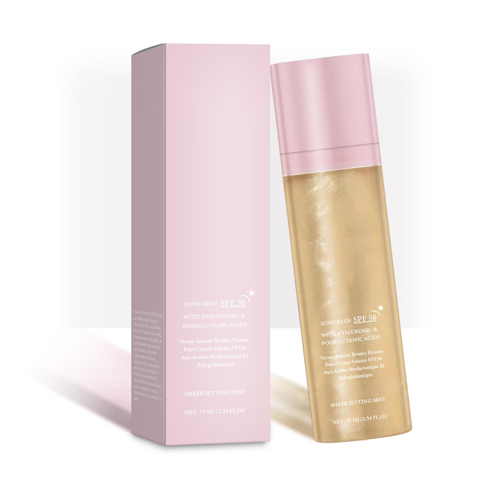 HRTTUO SPF setting spray bottle close-up showing subtle sun-kissed glow
