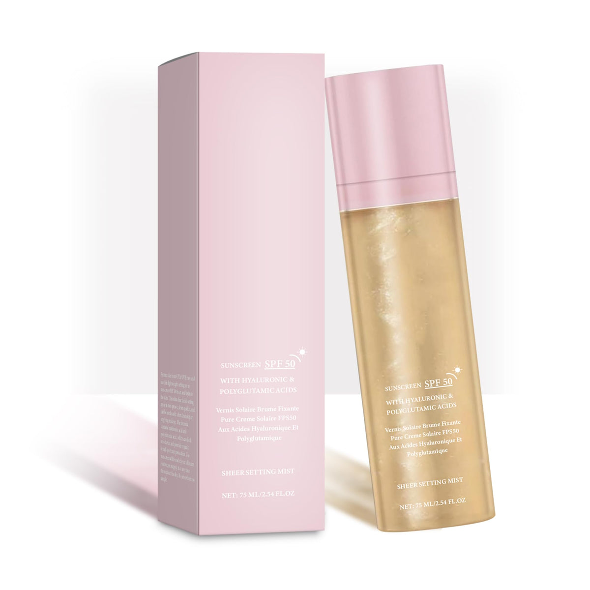 HRTTUO SPF setting spray bottle close-up showing subtle sun-kissed glow