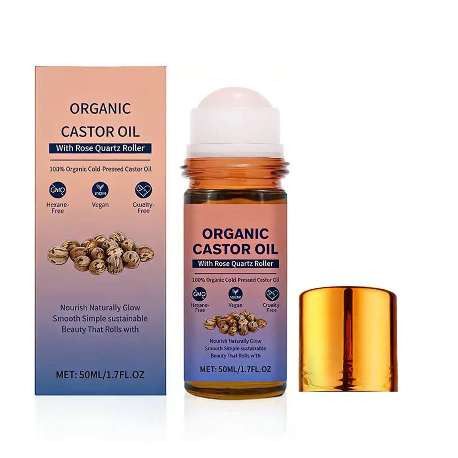 HTBGAA castor oil with rose quartz roller bottle for easy, mess-free application