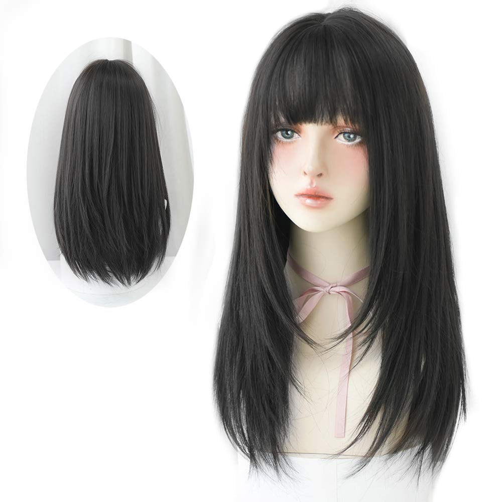HUAISU long black straight wig with bangs front view highlights natural matte finish for everyday wear.