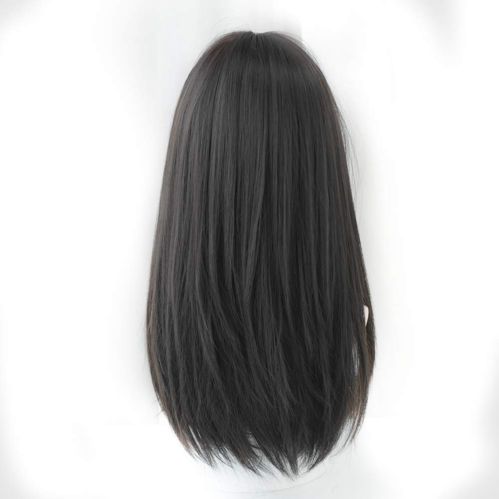 HUAISU long black straight wig with bangs side view for versatile styling and comfortable fit.