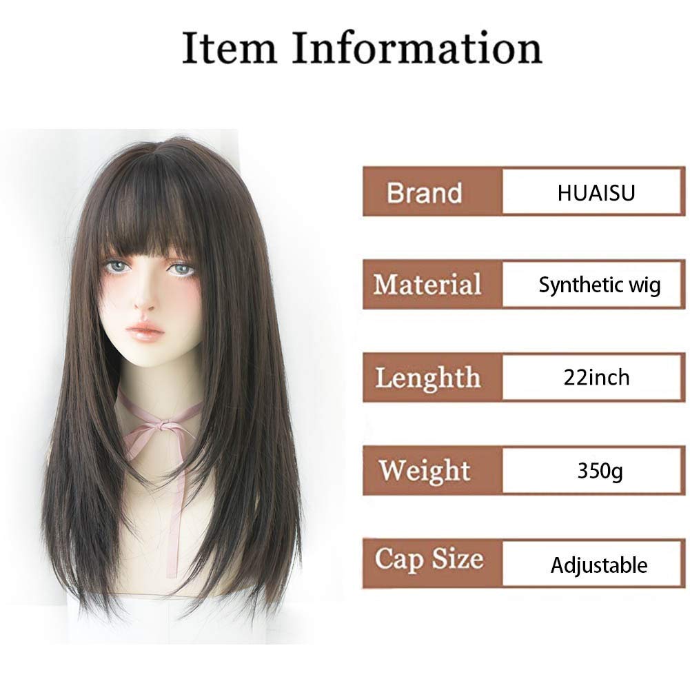 HUAISU close-up of texture detail on long black straight wig with bangs showing heat-resistant fiber.