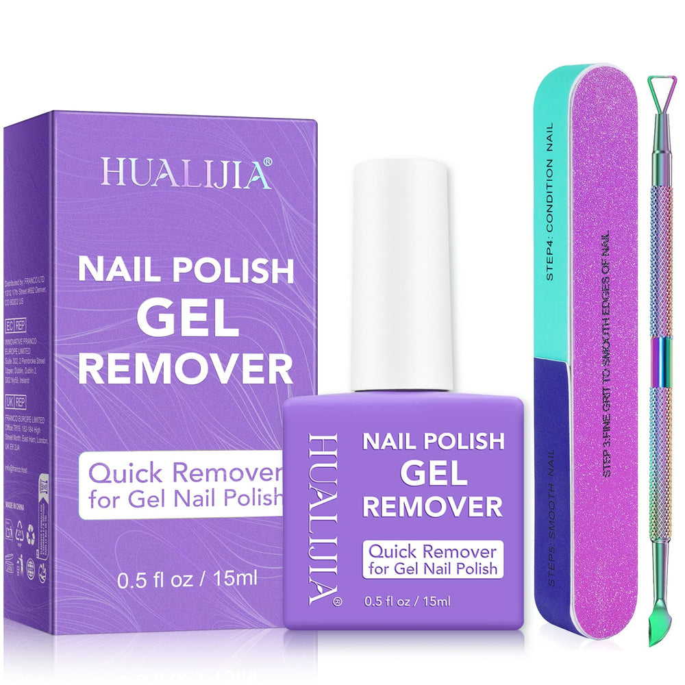 HUALIJIA Gel Nail Remover bottle enables quick at-home removal.