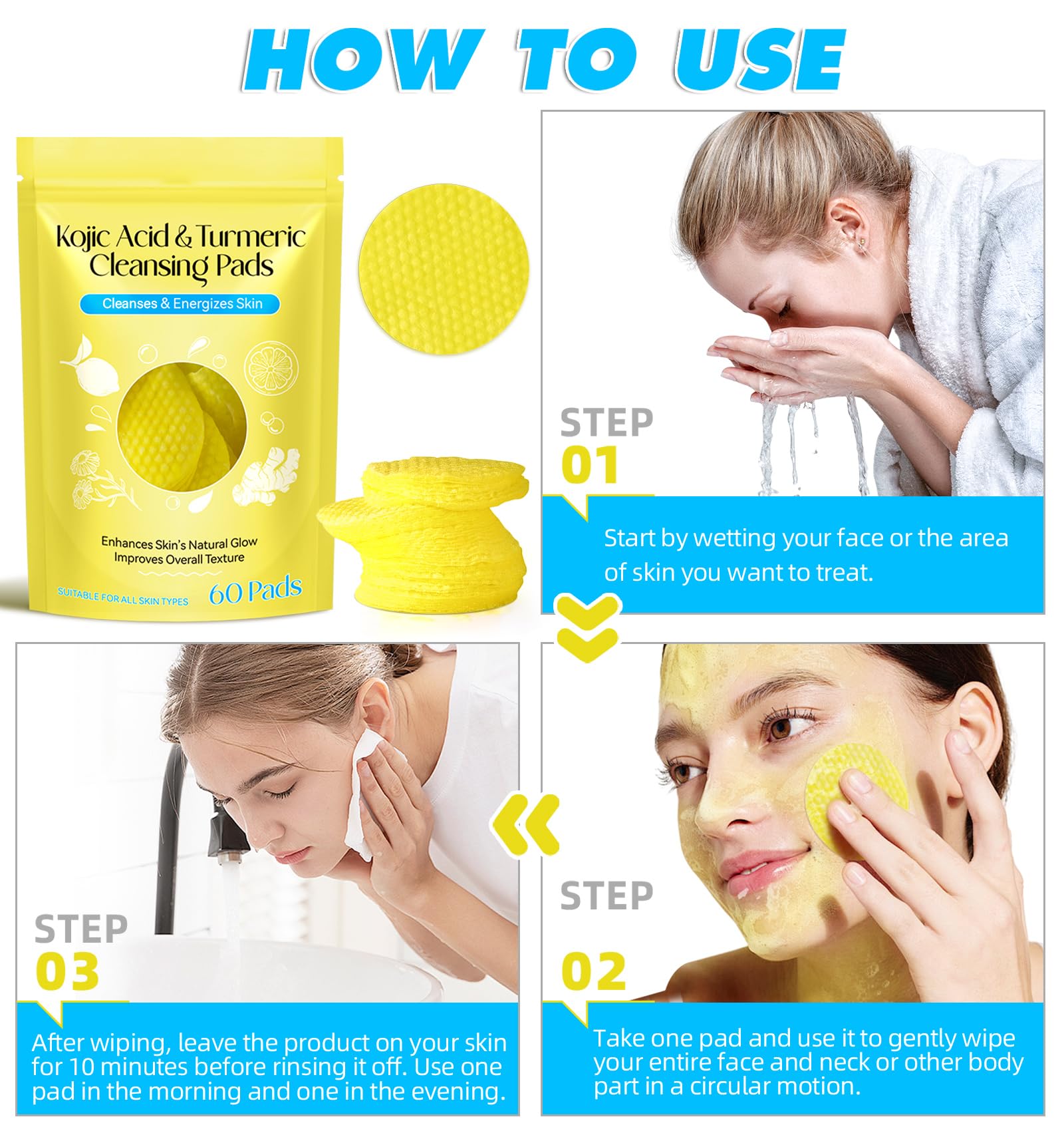 All-skin-types compatible, HUALIJIA Turmeric Kojic Pads for daily skincare