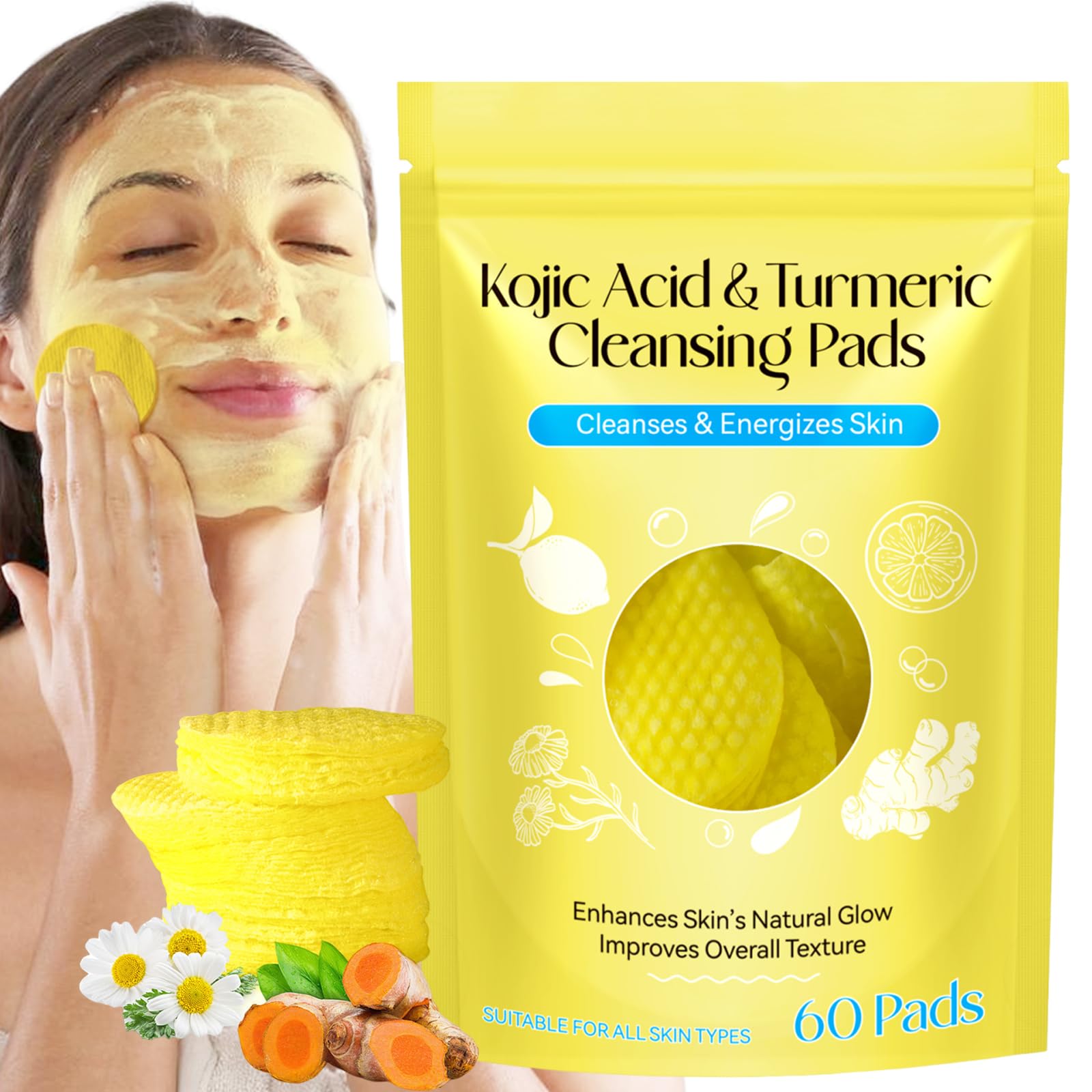 HUALIJIA Turmeric Kojic Pads package front, compact and portable for daily cleansing on the go