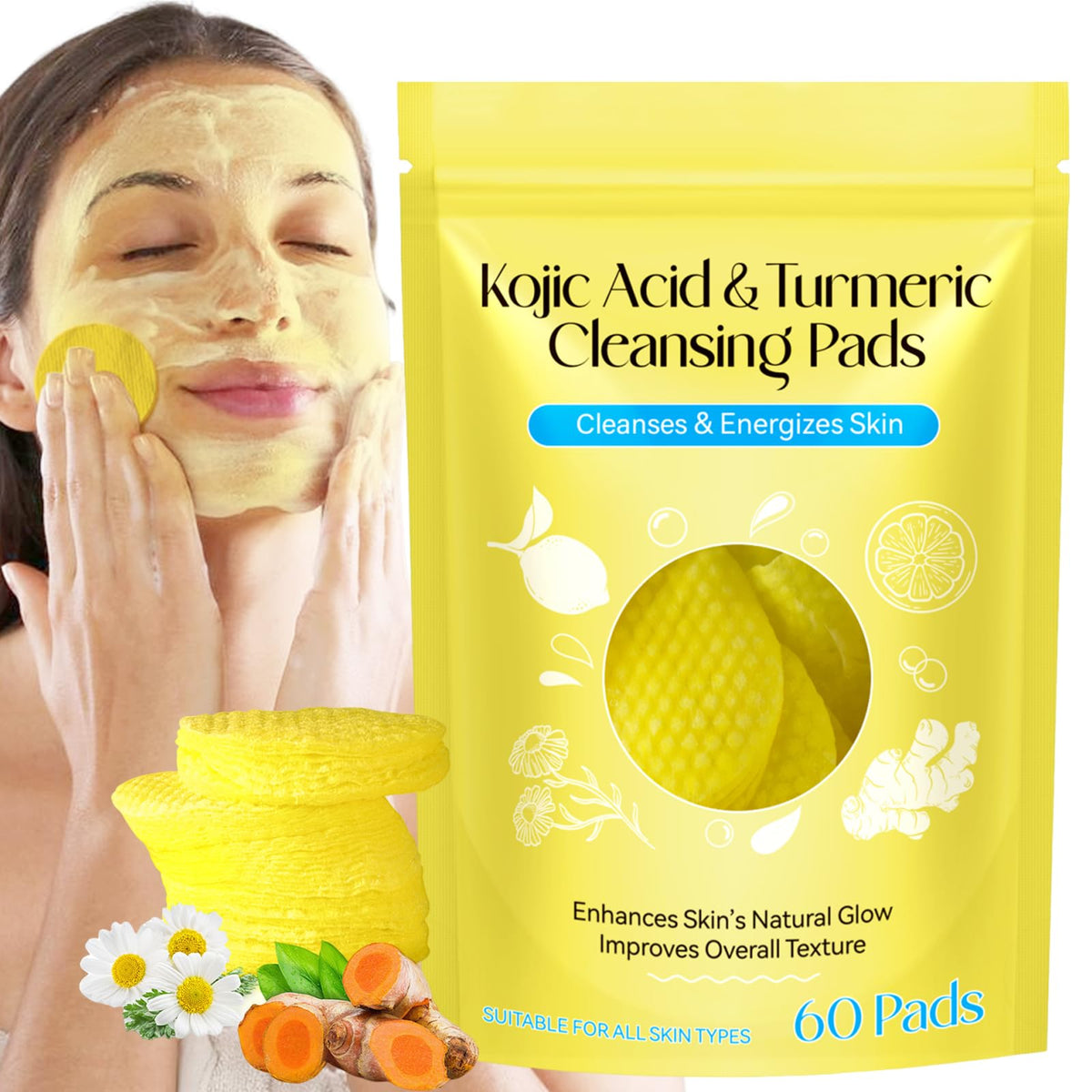 HUALIJIA Turmeric Kojic Pads package front, compact and portable for daily cleansing on the go