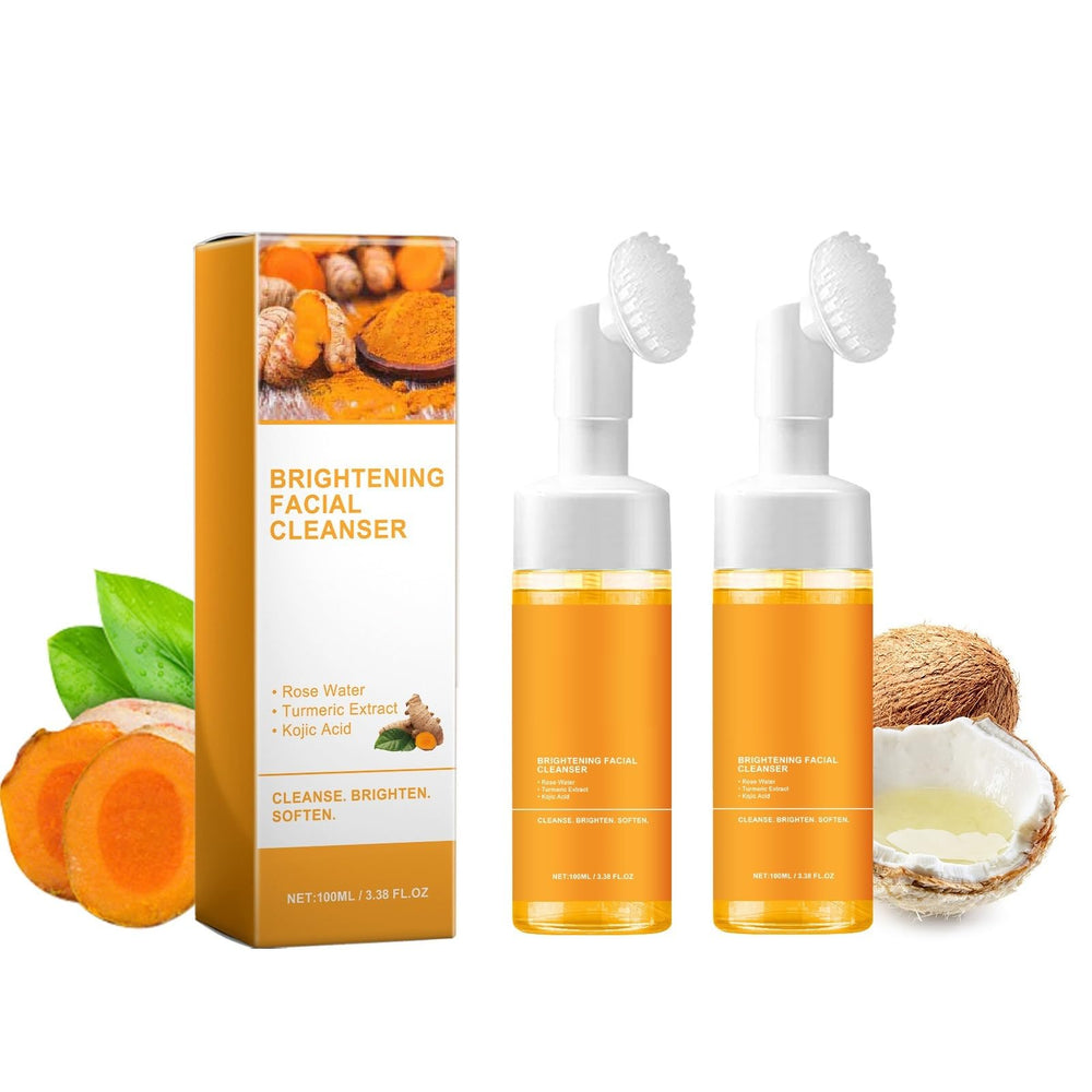 HuaQing turmeric foaming face wash bottle close-up shows deep cleansing action