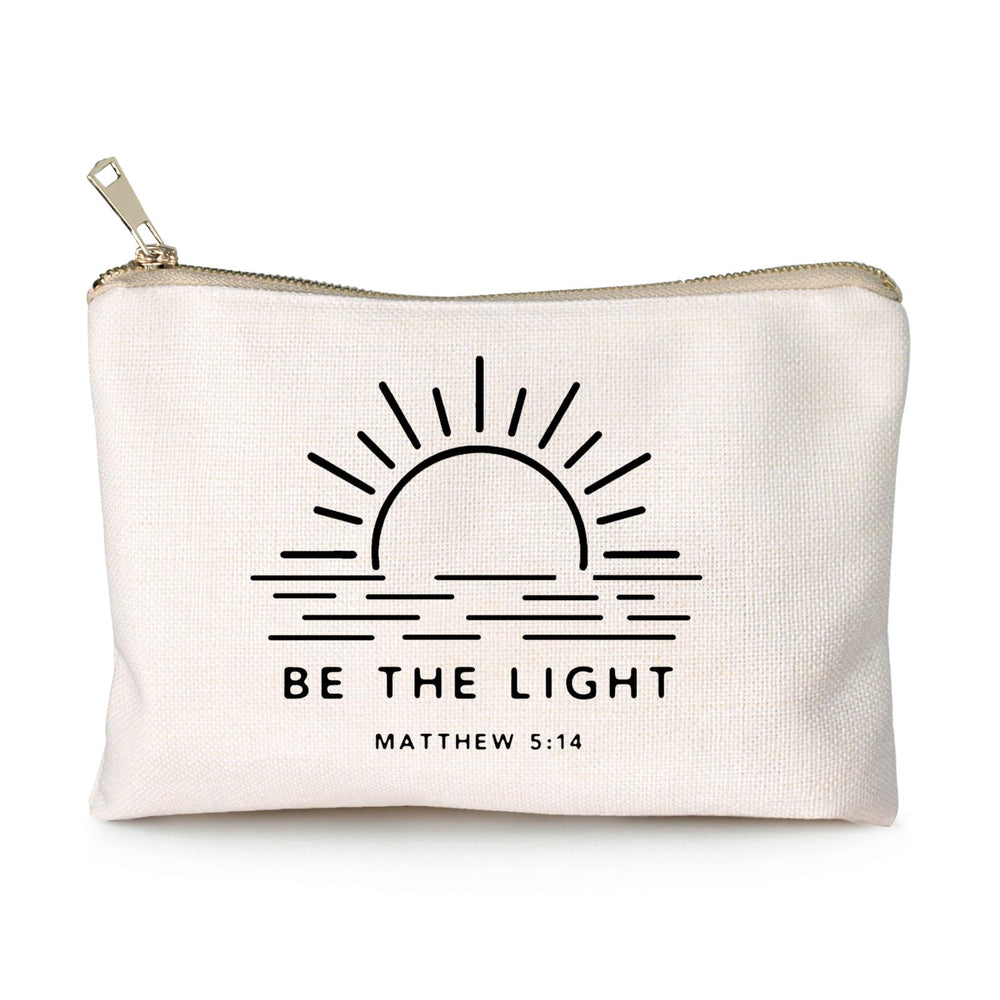 HubbgDesign Be The Light cosmetic bag front view in linen, ideal for travel organization.