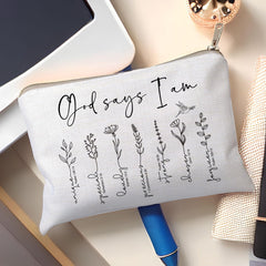 HubbgDesign Christian makeup bag with golden brass zipper for secure, stylish storage.