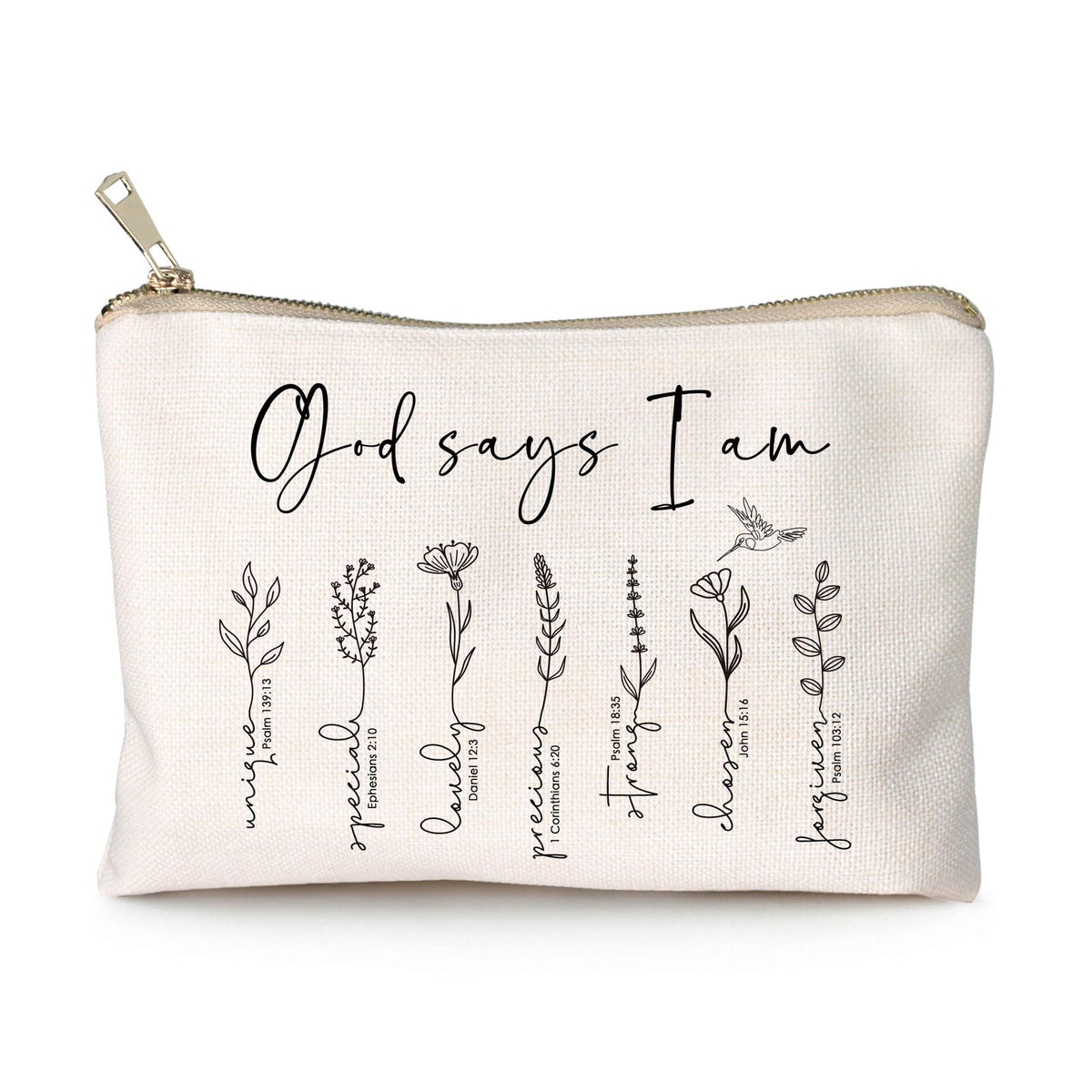 HubbgDesign God Says You Are cosmetic bag with floral bible verse for daily inspiration.