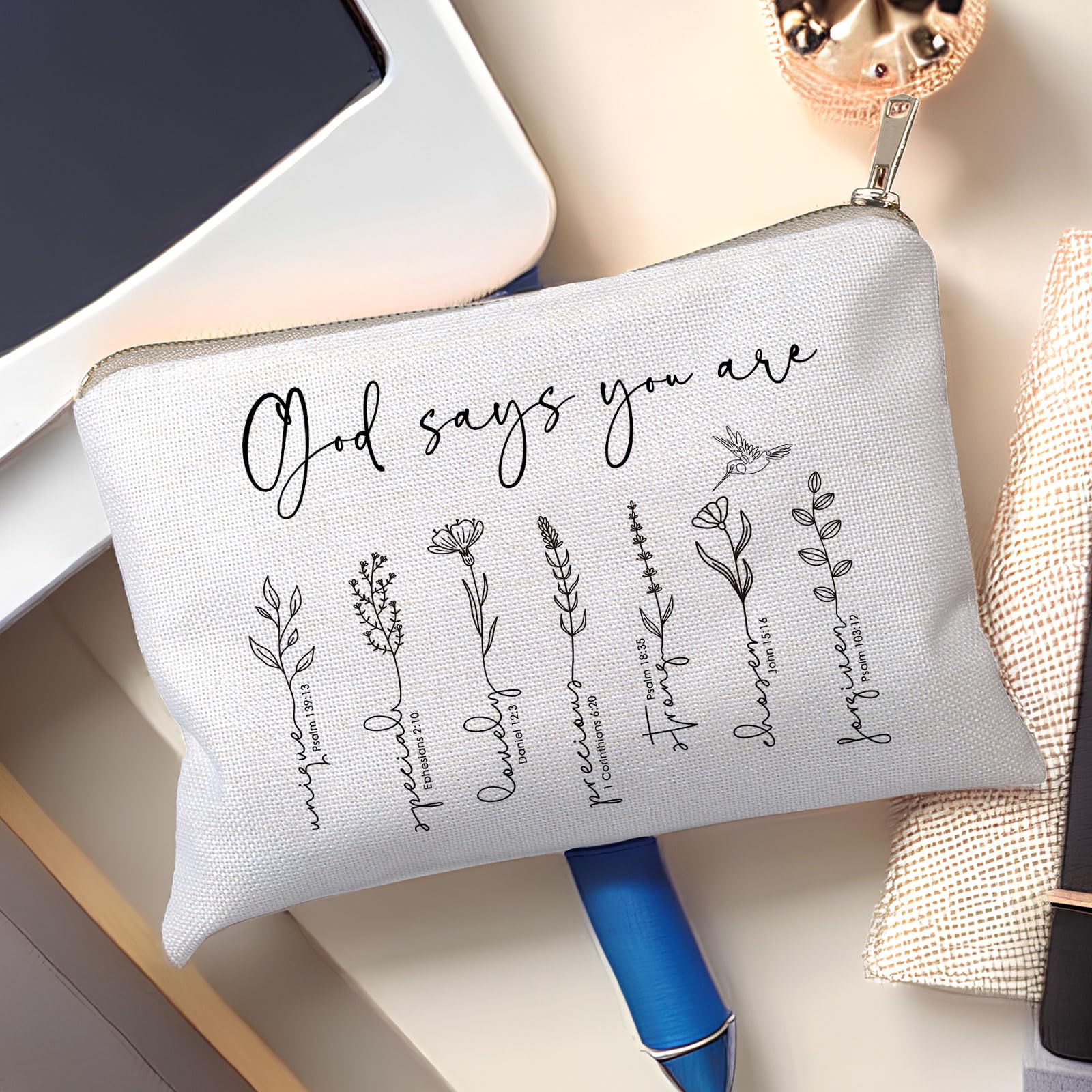 HubbgDesign God Says You Are cosmetic bag floral pattern close-up reveals inspirational verse