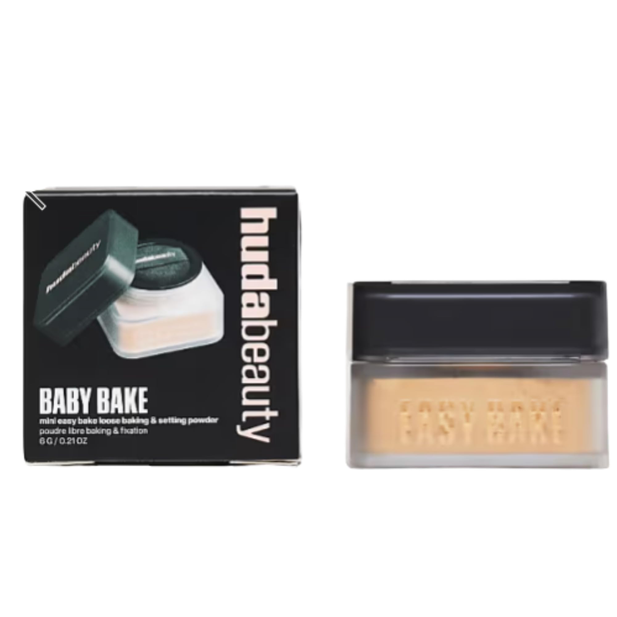 Huda Baby Bake Kunafa powder jar close-up highlighting ultra-brightening, long-wear finish.