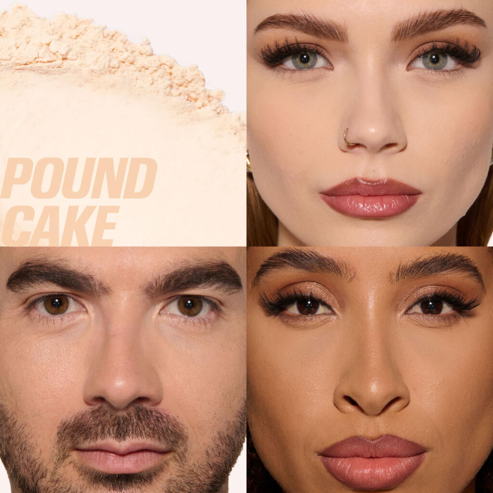 Huda Beauty Baby Bake Mini Pound Cake compact open shows shade compatibility for fair to tan skin.