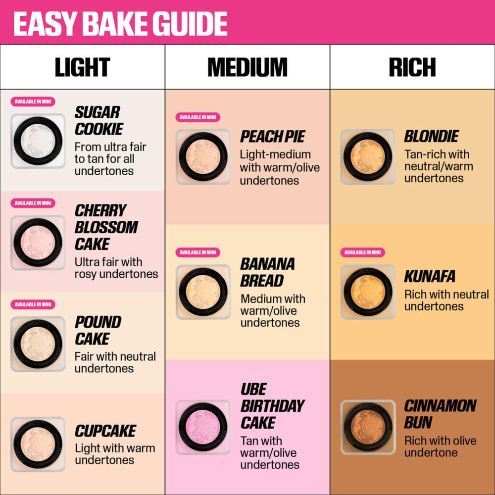 Huda Beauty Baby Bake Mini Pound Cake finish swatch demonstrates long-lasting setting effect.