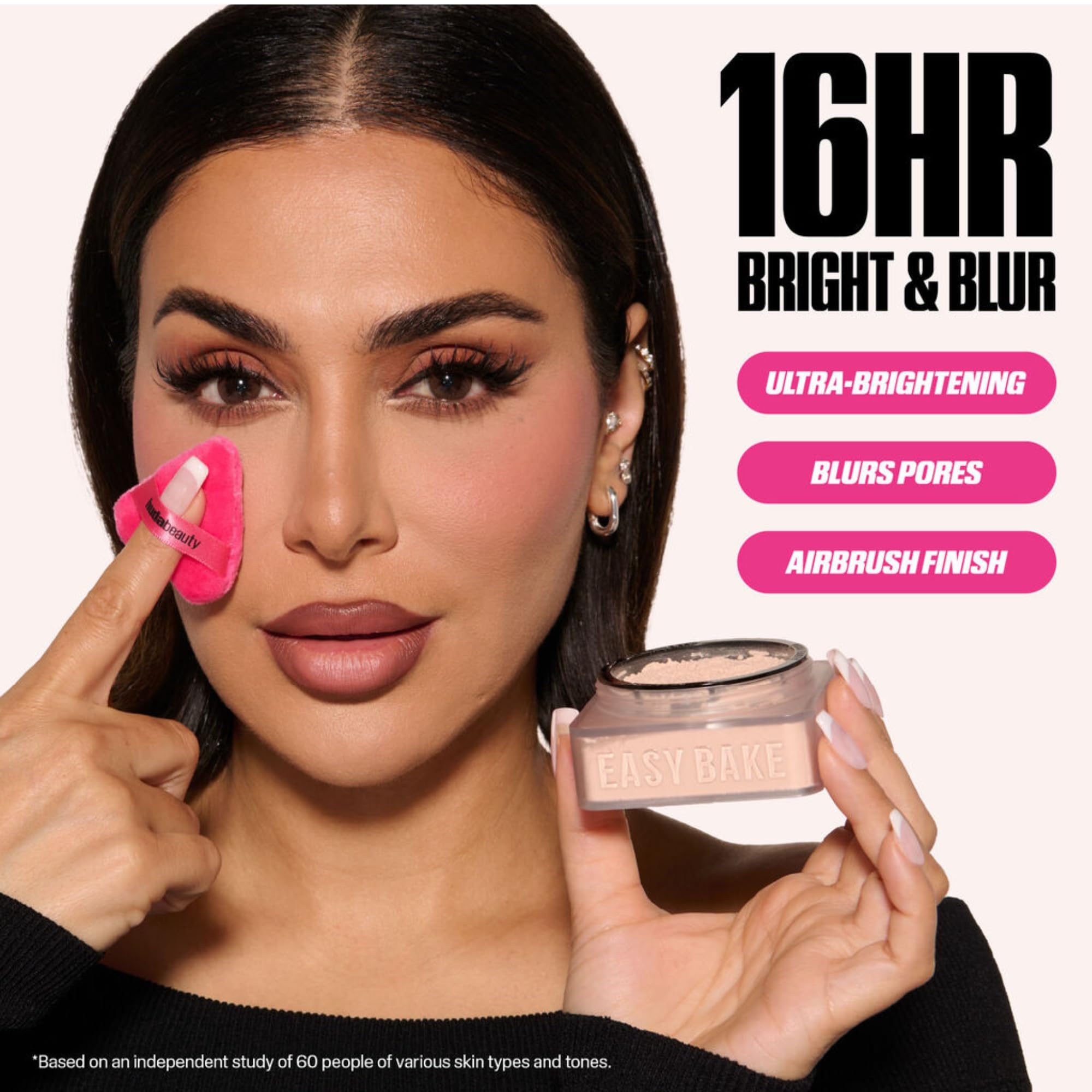 Huda Beauty Baby Bake Mini Pound Cake powder puff with sponge-friendly texture for easy baking.