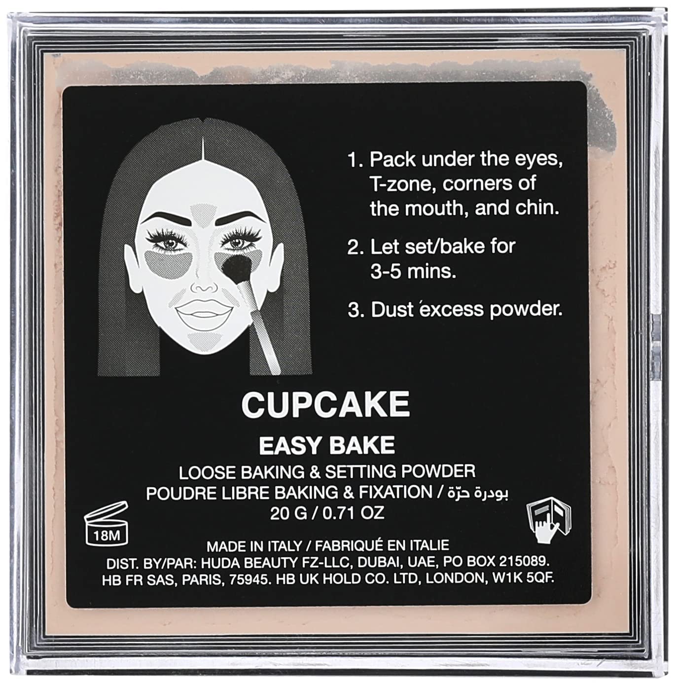 Huda Beauty Easy Bake Cupcake powder swatch demonstrates blur and long wear.