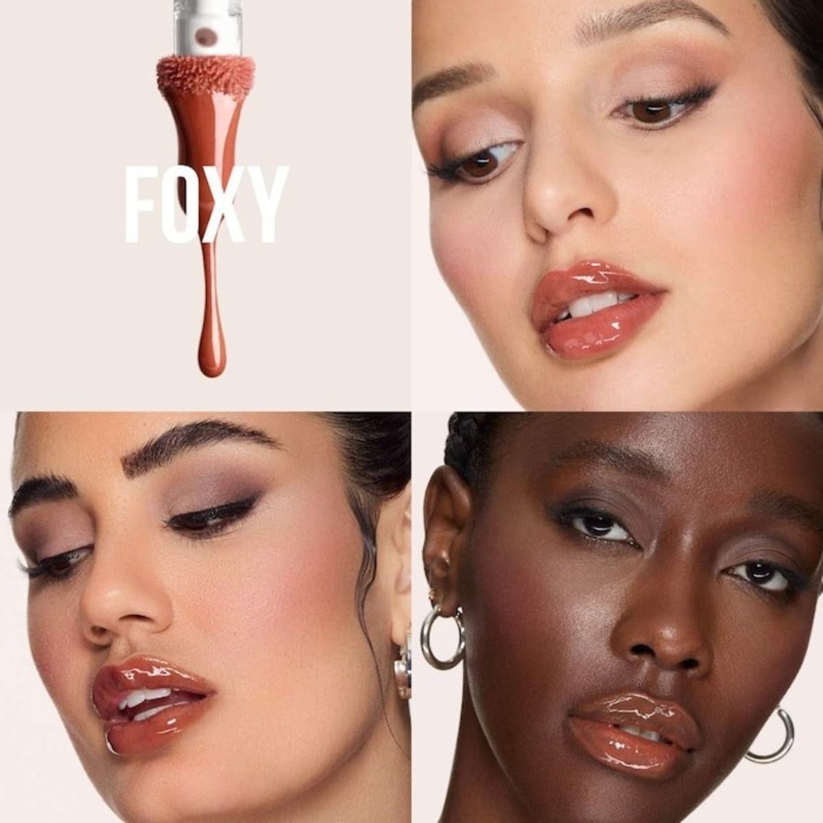 Huda Beauty Faux Filler Foxy lip-gloss application emphasizes smooth, non-sticky shine.