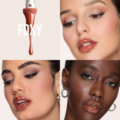 Huda Beauty Faux Filler Foxy lip-gloss application emphasizes smooth, non-sticky shine.