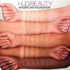 Huda Beauty Faux Filter Foundation Toffee 420G swatch on skin demonstrates shade Toffee match