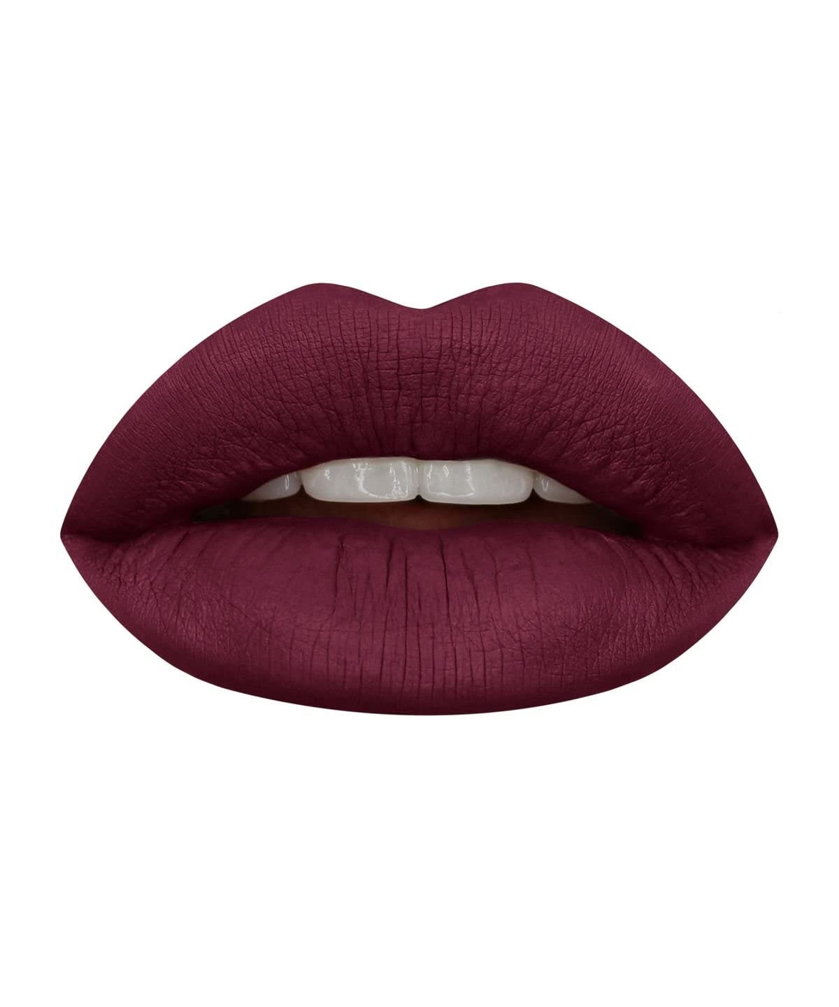 Huda Beauty Liquid Matte Lipstick Famous lip swatch demonstrates long wear color