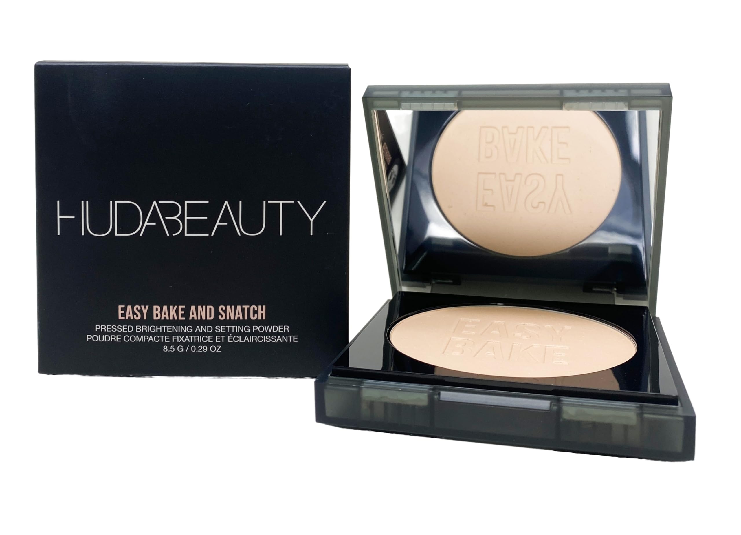 Huda Easy Bake and Snatch Peach Pie powder bottle brightens skin for a natural finish