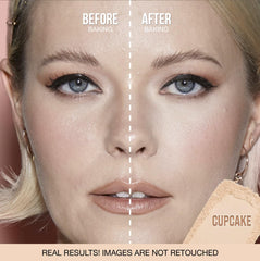Huda Easy Bake and Snatch Cupcake swatches on cheek with luminous skin-like finish
