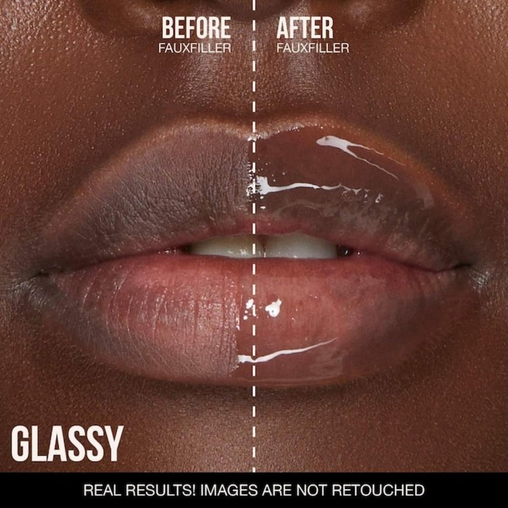 Huda Faux Filler Extra Shine Lip Gloss Glassy lip swatch reveals clear, reflective shine