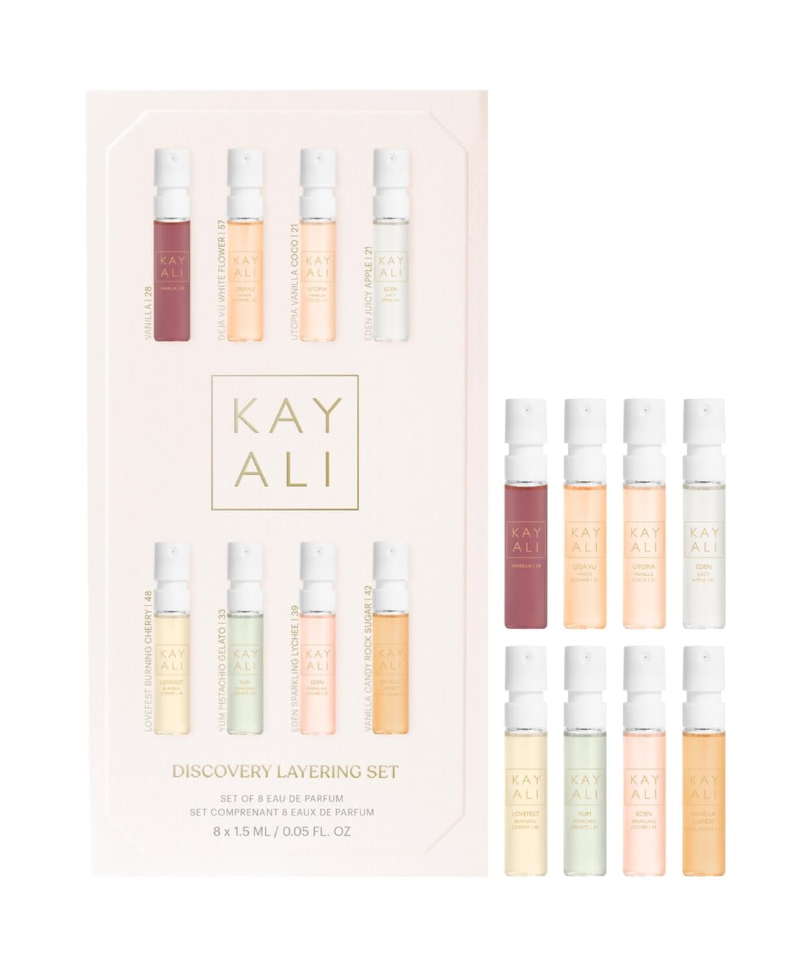 Huda Kayali Discovery Layering Set with eight 1.5 ml samplers for custom scents