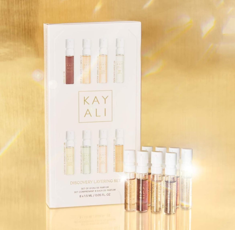 Huda Kayali Discovery Layering Set packaging, giftable and travel-friendly for on-the-go fragrance exploration