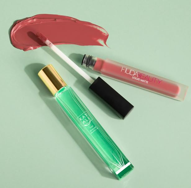 Huda Beauty Liquid Matte Lipstick Queen of Sheba swatch for a creamy nude-pink look