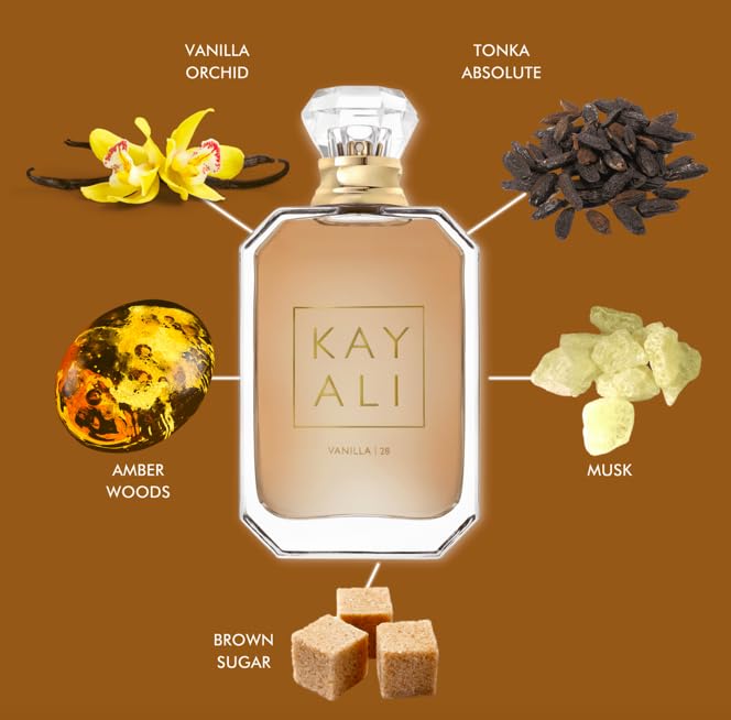 Huda Kayali Vanilla 28 bottle close-up, rich vanilla notes suggested for date nights