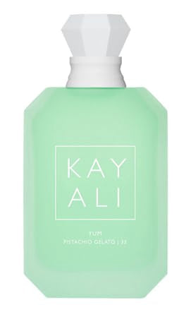 Huda Kayali Yum Pistachio Gelato bottle ready to wear for a gourmand everyday scent