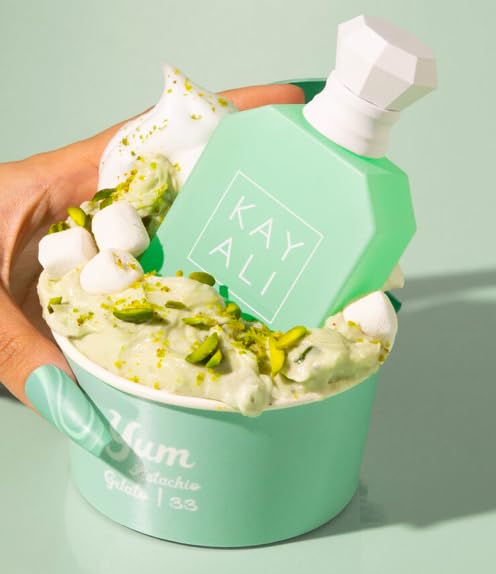 Huda Kayali Yum Pistachio Gelato on skin reveals rich pistachio and cream notes