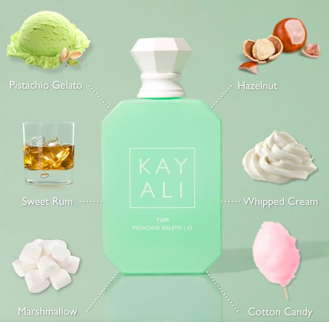 Huda Kayali Yum Pistachio Gelato packaging on display, premium gifting appeal
