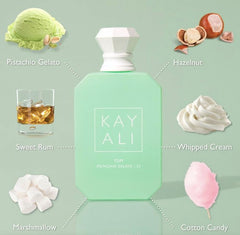 Huda Kayali Yum Pistachio Gelato packaging on display, premium gifting appeal