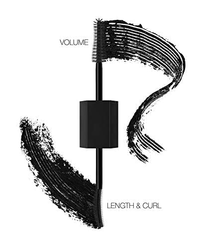 Huda Legit Lashes Mascara Curl & Length side wand showing elongated, lifted lashes.