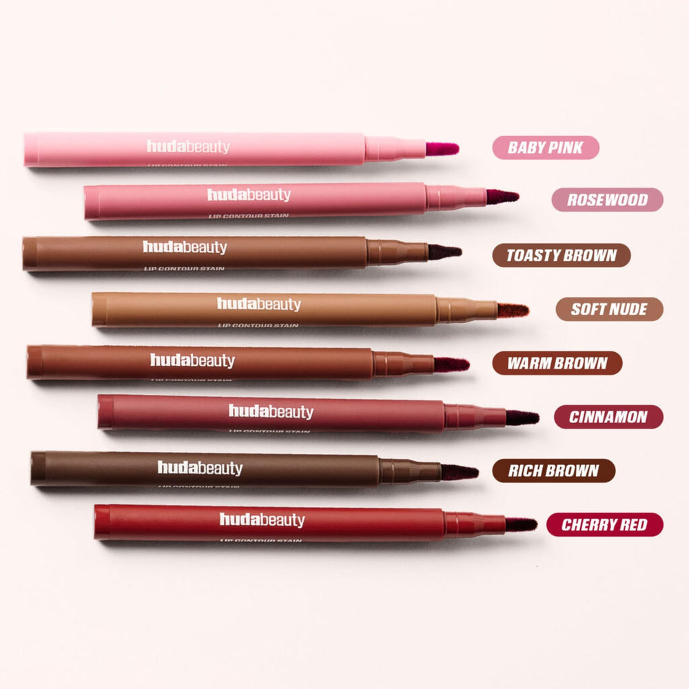 Huda Lip Contour Stain Warm Brown long-wear test demonstrates durable color.