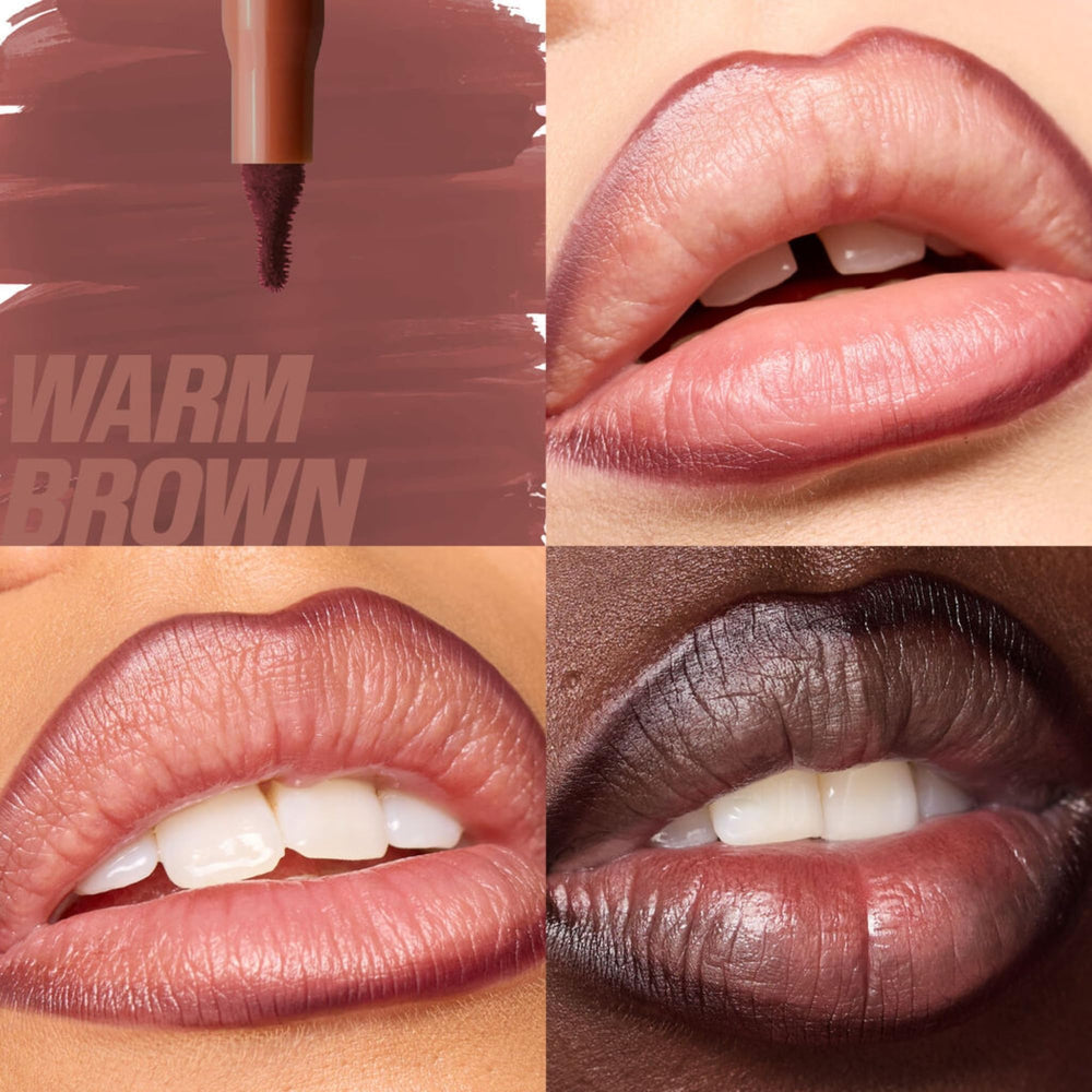 Huda Lip Contour Stain Warm Brown swatches reveal buildable color.