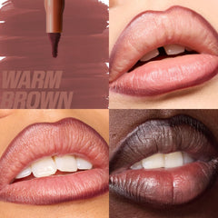 Huda Lip Contour Stain Warm Brown swatches reveal buildable color.