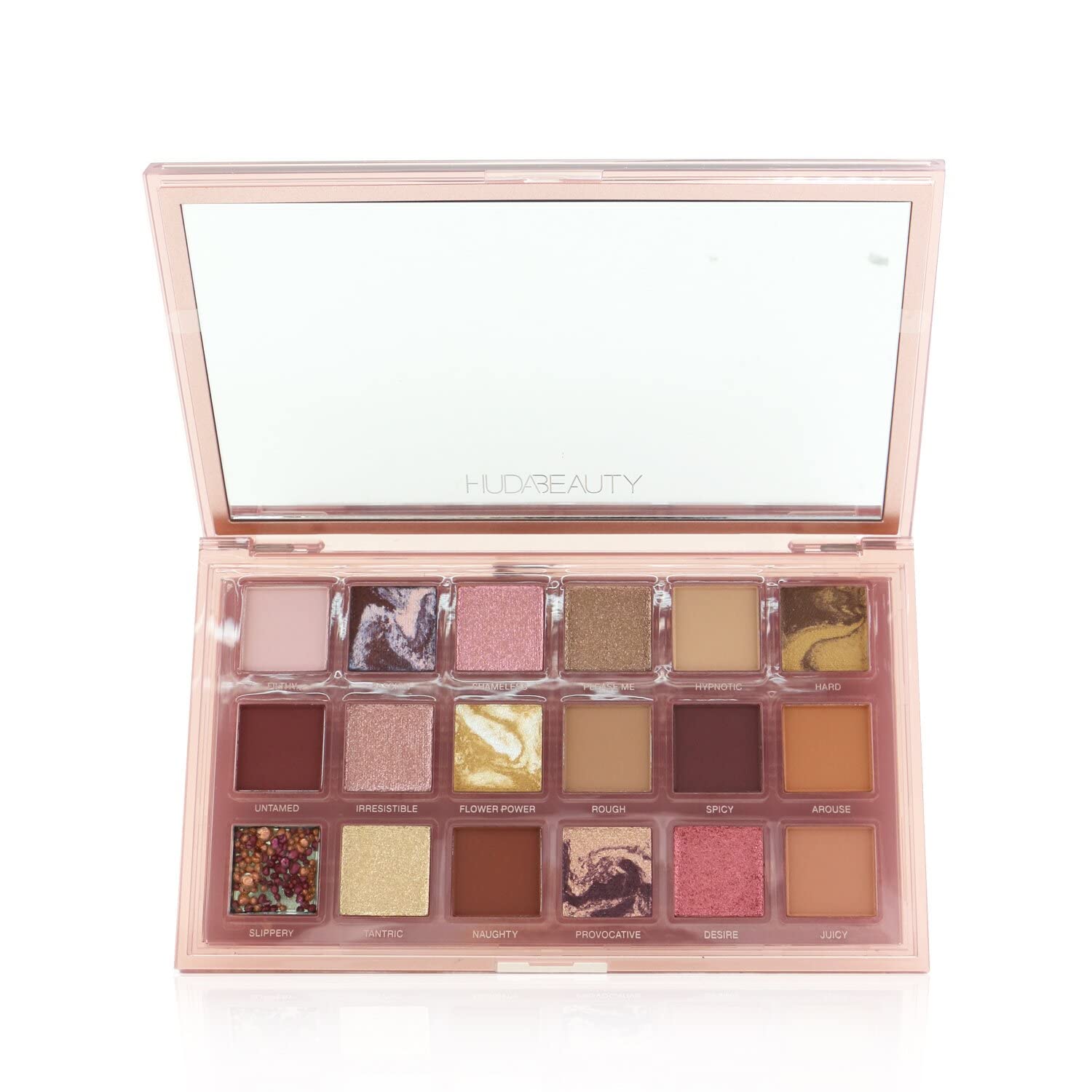 Huda Naughty Nude Eyeshadow Palette Cream front view, portable for on the go eye looks